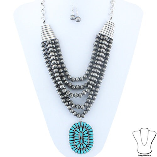 Layer Squash Blossom Necklace And Earring Set - Turquoise