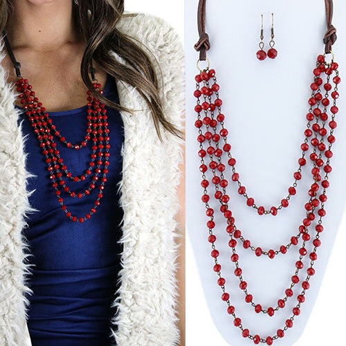 Beaded Layered Necklace & Earring Set - Red